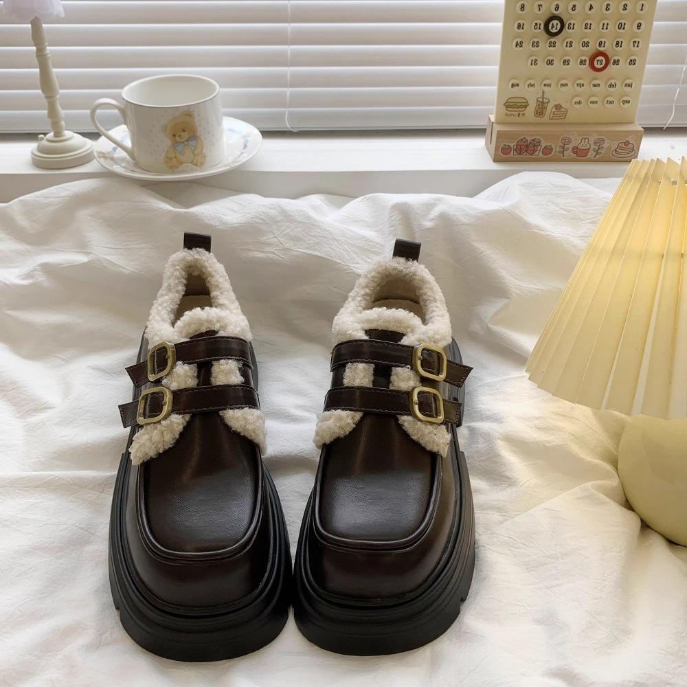 England Style Women's Large Size Padded Thickened Winter Warm Fur One Snow Boots Padded Lining Ankle Boots Non-slip Hiking Sports Cotton Boots