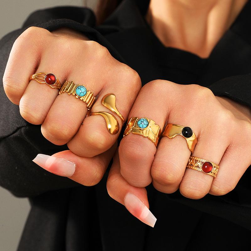 Boho Mehrfarbiger Türkis Edelstahl Offener Ring, Umweltfreundlich & Lichtecht, Schlichtes Titanstahl Design für Damen