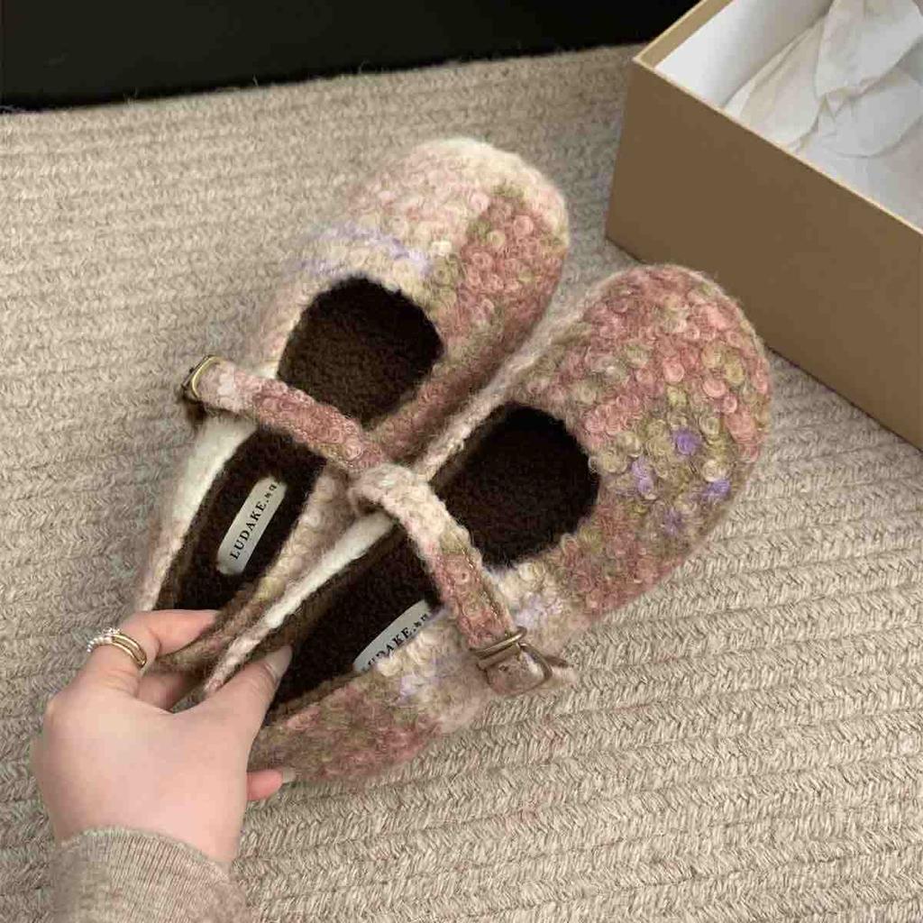 Fashion IPPEUM Mary Janes Shoes Women Winter Ballet Flats Buckle Plush Ballerinas Zapatos Mujer