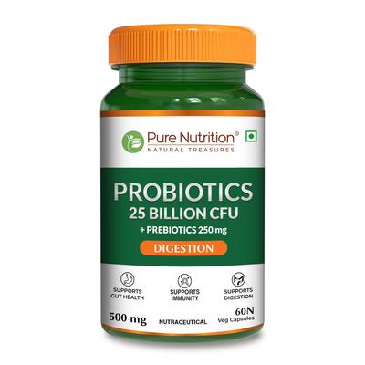 Pure Nutrition Probiotic + Prebiotic, 60 Veg Capsules (500mg) | 25 Billion CFU & 250mg Prebiotics for Men & Women | Improves Gut Health, Helps D