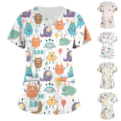 Uniforme de travail imprimé mignon grande taille, hauts pour femmes, col en v croisé, manches courtes, T-Shirts amusants, vêtements de travail, t-shirt avec poches