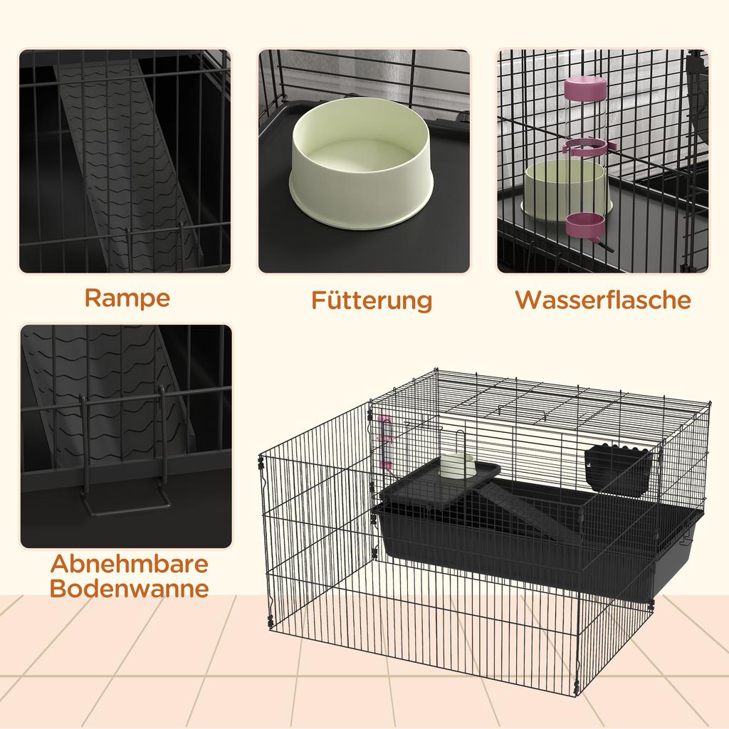 Small Animal Cage with Removable Enclosure, Playpen with Hutch, Incl. Accessories, Black
