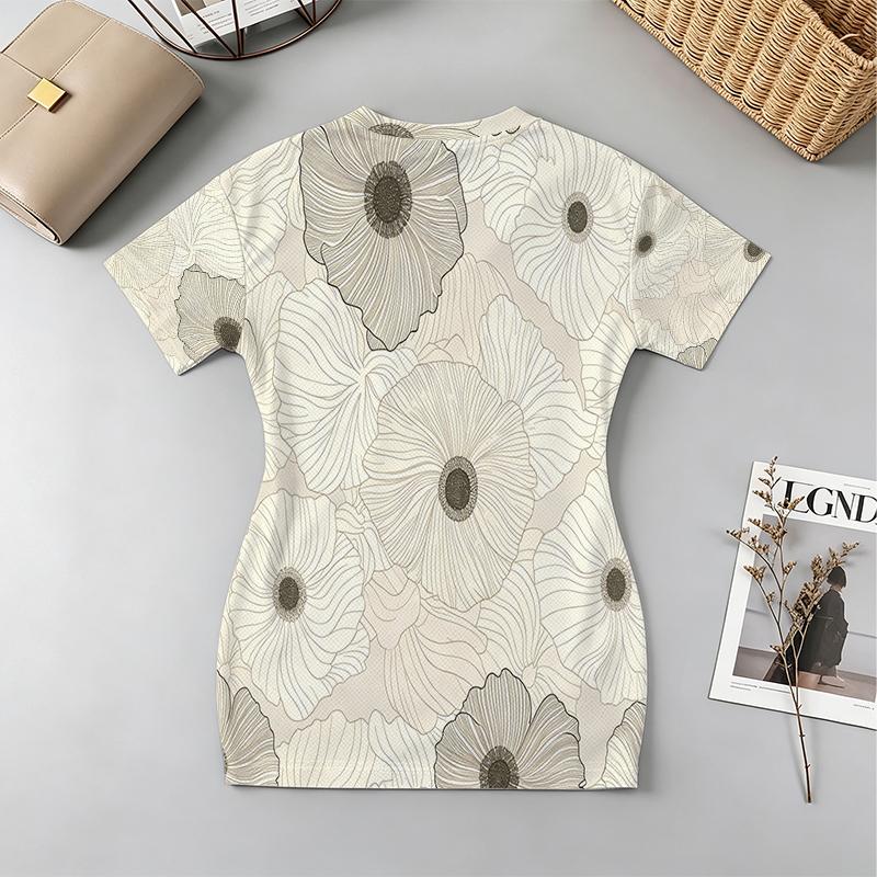Women's Summer Vibes Short Sleeve Mini Dress - V-Neck Simple Floral Fitted, Comfortable & Versatile for Beach & Casual Outing
