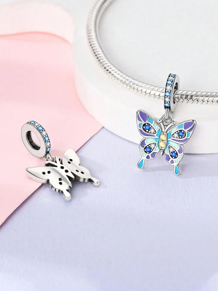 Charms Plata Copper Colors Colorful Butterfly Flowers Beads Charm Pendant For Original Bracelet For Women Diy Jewelry Love Gift