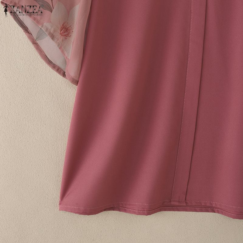 ZANZEA Women Casual Stand Collar Summer Splice Short Sleeve Blouse