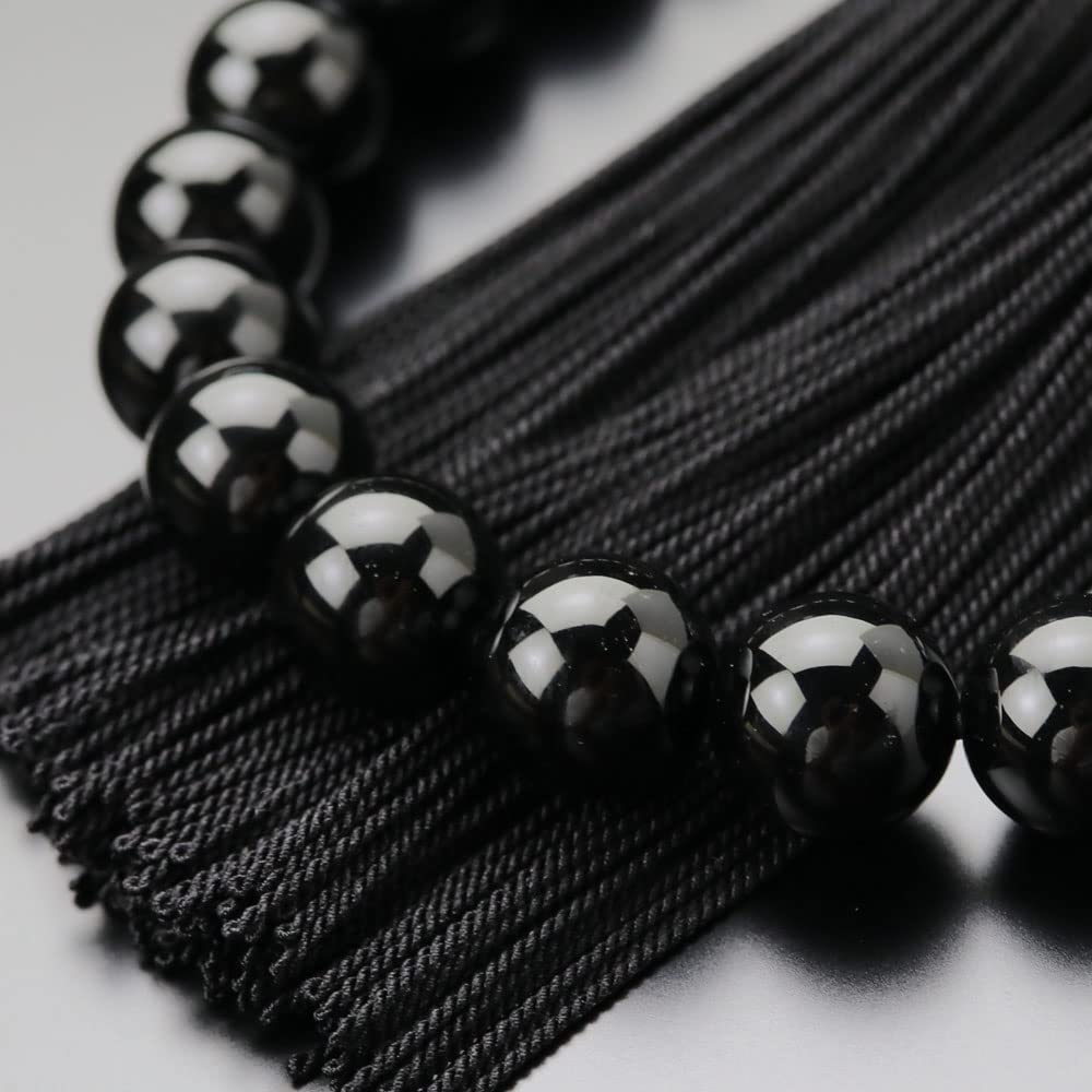 Nenju com Kyoto Buddhist Prayer Beads Juzu for Men, 22 Black Onyx Beads, Pure Silk Black Tassel, All Sects, for Funeral & Memorial, Paulownia Box