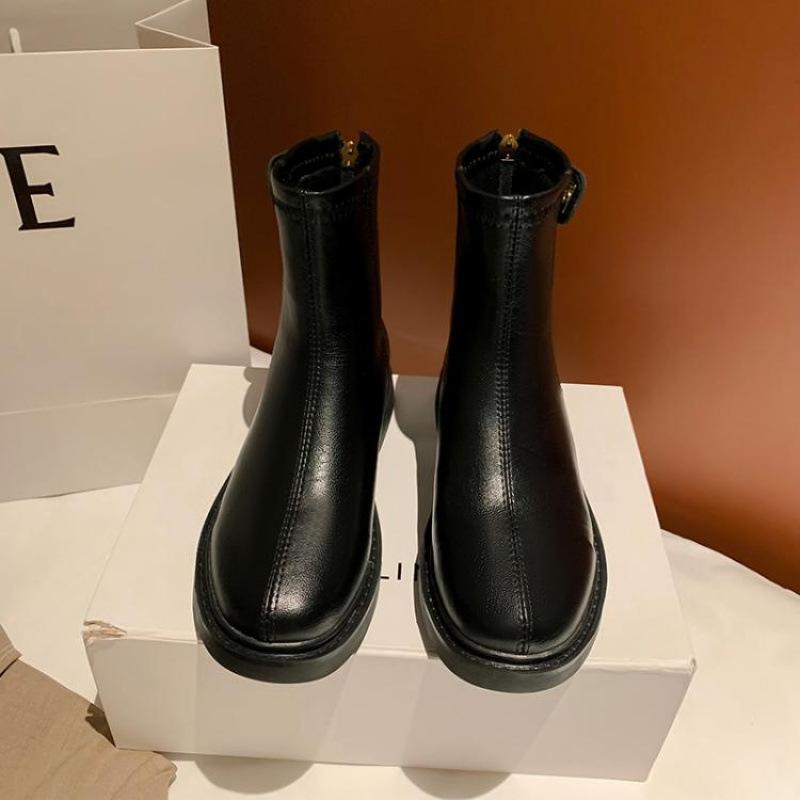 

Korean version of round head, medium heel leather boots, thick-soled non-slip knight boots, women s and large-size women s boots, autumn and w 39 чёрный