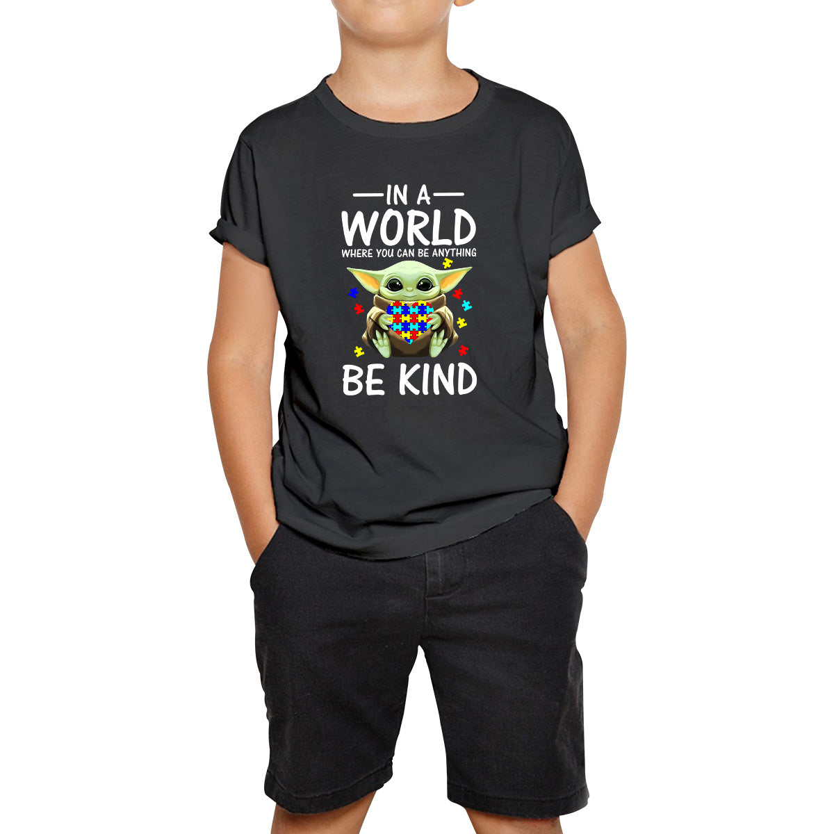 

Baby Yoda In The World Where You Can Be Anything Be Kind Autism Awareness Star Wars Day 46th Anniversary Kids T Shirt 100
