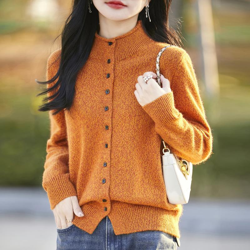 Ladies' Floral Stand Collar Worsted Wool Knit Cardigan Sweater - Autumn/Winter Fashion