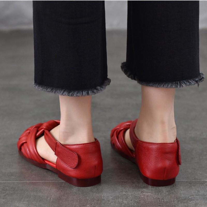 Johnature Genuine Leather Flat Roman Sandals Woven Hollow-out Breathable Women's Shoes