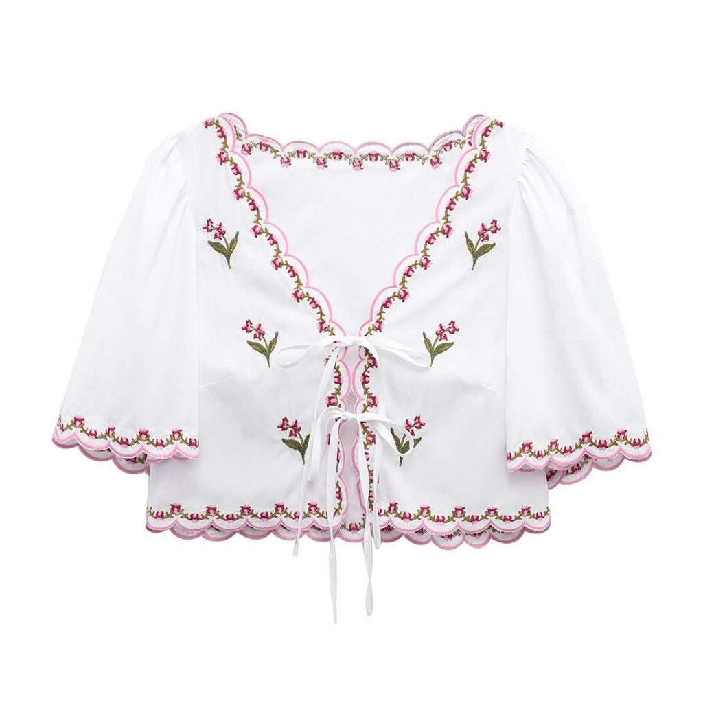 2025 Frühling Damen Bluse mit floraler Stickerei aus Popeline - Europäischer & Amerikanischer Stil