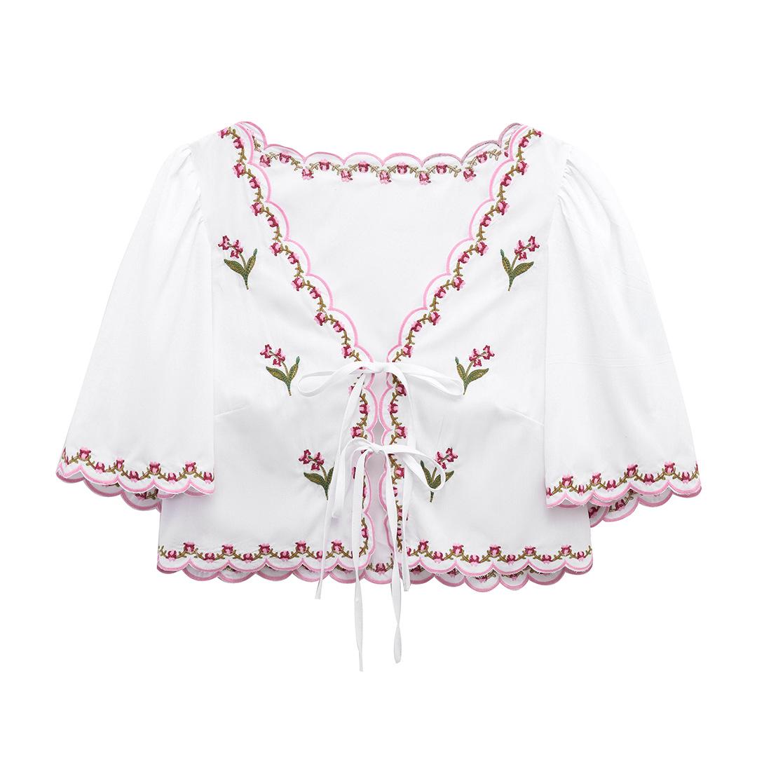 

Топ из поплина с цветочной вышивкой для женщин, весна 2025 - Европейский и американский стиль S белый