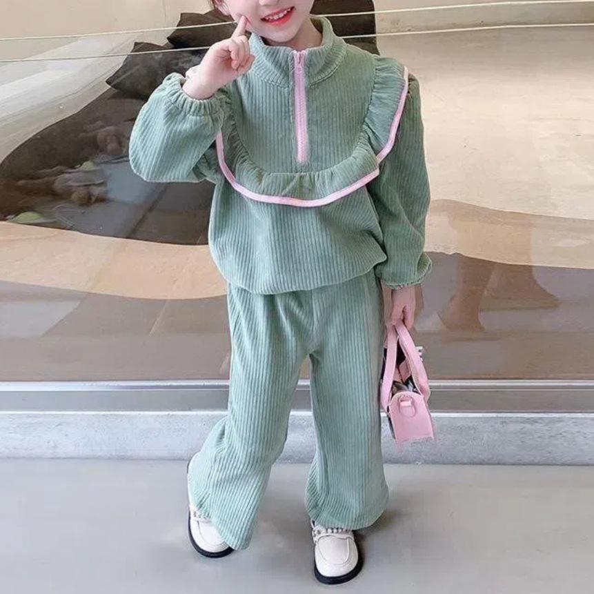 

Комплект одежды для девочки весна-осень, вельветовый костюм для девочки, свитер и брюки, небольшой комплект из двух предметов для девочки с ароматом 90cm зелёный