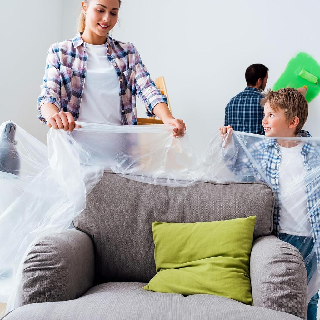 24 Pack 12 X 9 Ft 0.4 MIL Large Painter’s Plastic Drop Cloth Painting Sheet-Light & Durable Dust Cover-Clear Plastic Sheet-Plastic Sheeting-Plastic