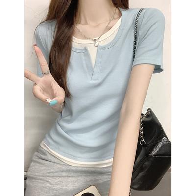Solid Short Sleeve Casual T-shirt Women Summer Slim Fit Fashion Office Lady Tee Shirt Elegant Round Neck Simple Tshirts Woman 24237