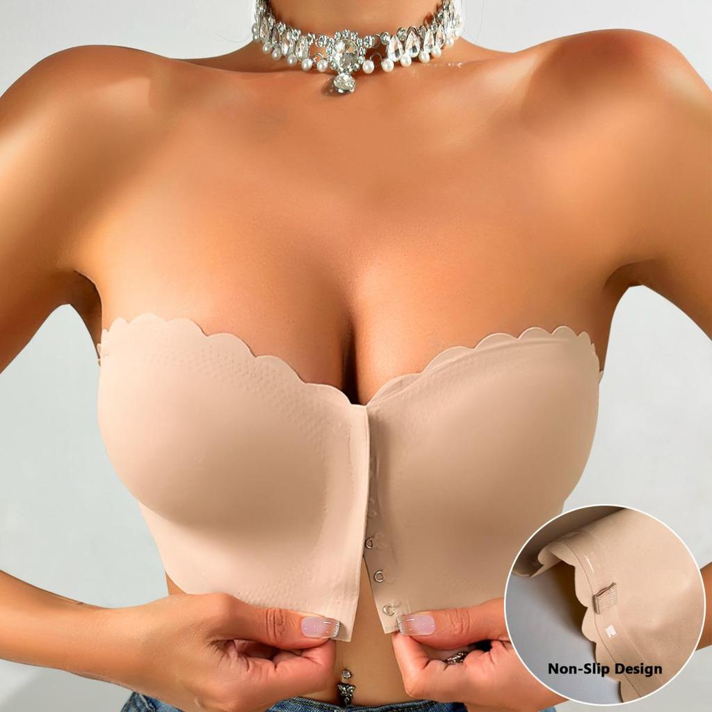 Sutien push-up fără bretele cu închidere frontală cu margine ondulată