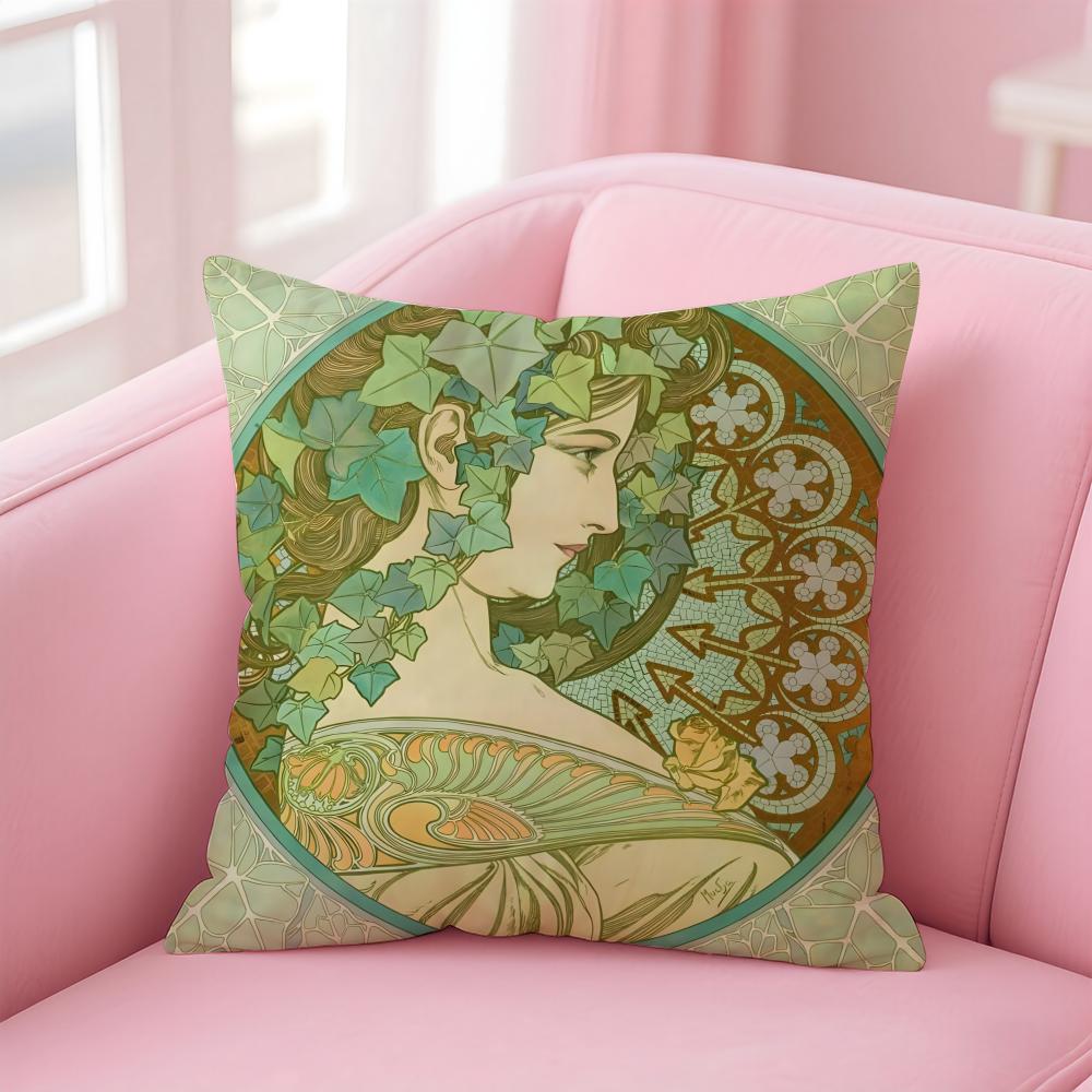 artistic AAlphonse Maria Mucha Cushion Cover Pillow Case Soft Skin Friendly Fabric Comfort Concealed Zipper