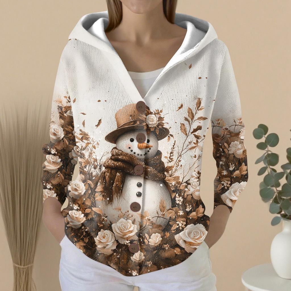 Women's Fashion Casual Sweater Button-Up Print Cardigan  Hooded Jacket