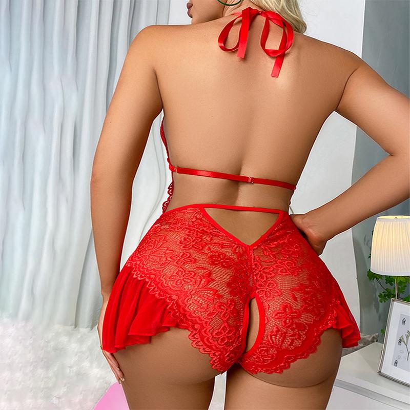 Open Crotch Lingerie For Women Lace Transparent Pajamas Set Sexy Sleepwear Deep V Neck Crotchless Nightwear Erotic Pajama Sets