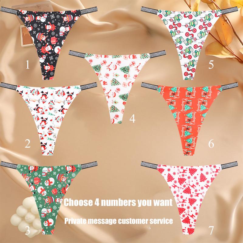 

FINETOO 4 шт. Трусики-стрінги з сніжинками та Санта-Клаусом, сексуальна дихаюча жіноча білизна, трусики-тонги з низькою посадкою, різдвяні трусики з діамантами M&Set