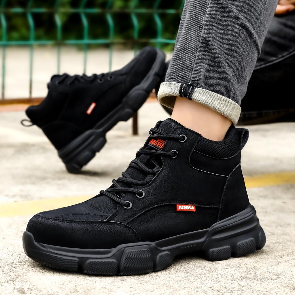 Fashion Waterproof Work Boots Men Steel Toe Boots Black Leather Safety Shoes High Top Winter Working Shoes Security Protective Boot