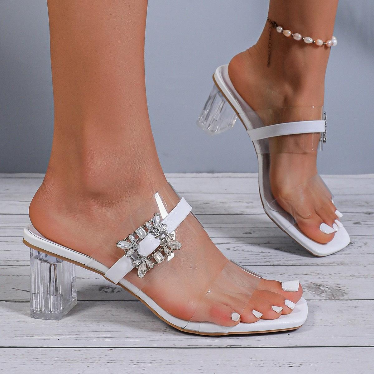 

2025 новые прозрачные туфли со стразами, яркие, на высоком каблуке, классные тапочки для актрис, толстый каблук, большой размер, классные тапочки 43 белый