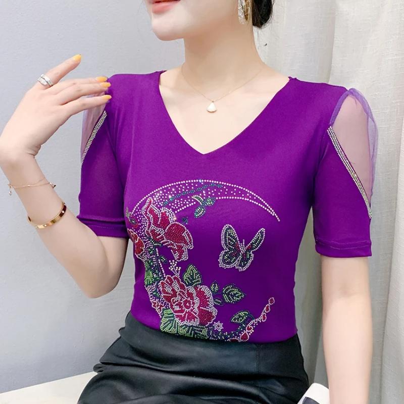New European V-Neck Women Bling Flower Butterfly T-Shirt Streetwear Hot Diamonds Tees Summer Short Sleeve Slim Tops