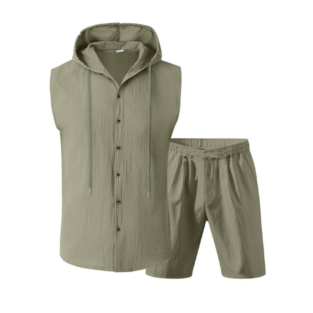 Mens Summer 2 Piece Outfit Shorts Set with Sleeveless Hooded Shirt Top Cotton Beach Casual Loose Fit Comfortable Athletic