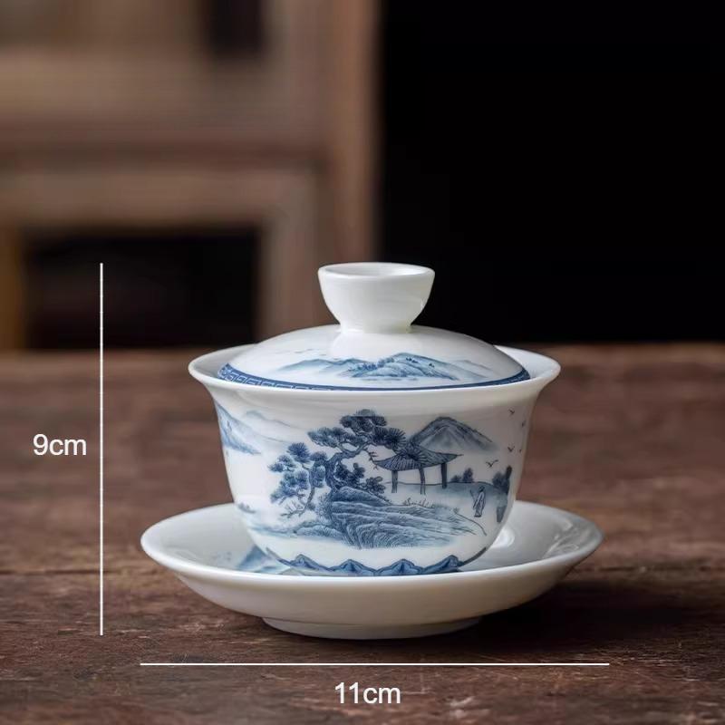 Jingdezhen Covered Bowl Sheep Fat Jade Tea Bowl Hoverable Tea Cup with Lid Chinese Underglaze Colored White Porcelain Teaset
