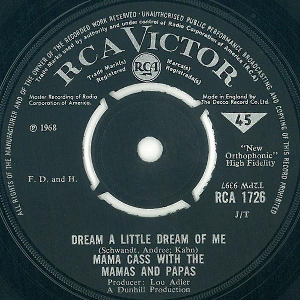 7-дюймовая пластинка MAMA CASS THE MAMAS PAPAS Dream A Little Dream Of Me RCA1726 1968 UK Поп Б/у