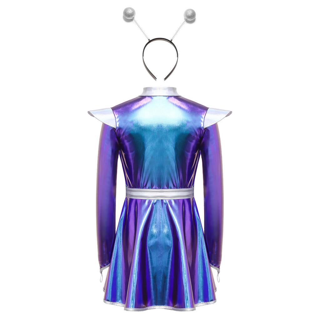 Girls Halloween Alien Costume Long Sleeve Zip Up A Line Dress Belt Hair Hoop Shiny Metallic Robot Outer Space Costume for Party