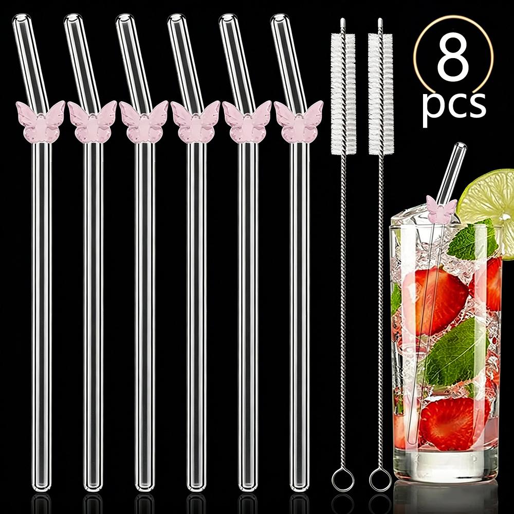 8 Stück Glasstrohhalme mit Schmetterlingsdesign und Bürste 200*8mm Wiederverwendbares Trinkhalm-Set Milchshakes Cocktail Kaffee-Strohhalme Haushalts-Bar-Zubehör
