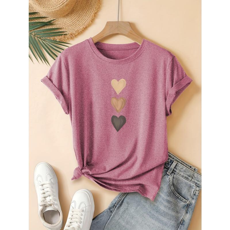 

Three heart-shaped printed fashionable retro style women s summer casual sports style top round neck short sleeved T-shirt deep space gray S