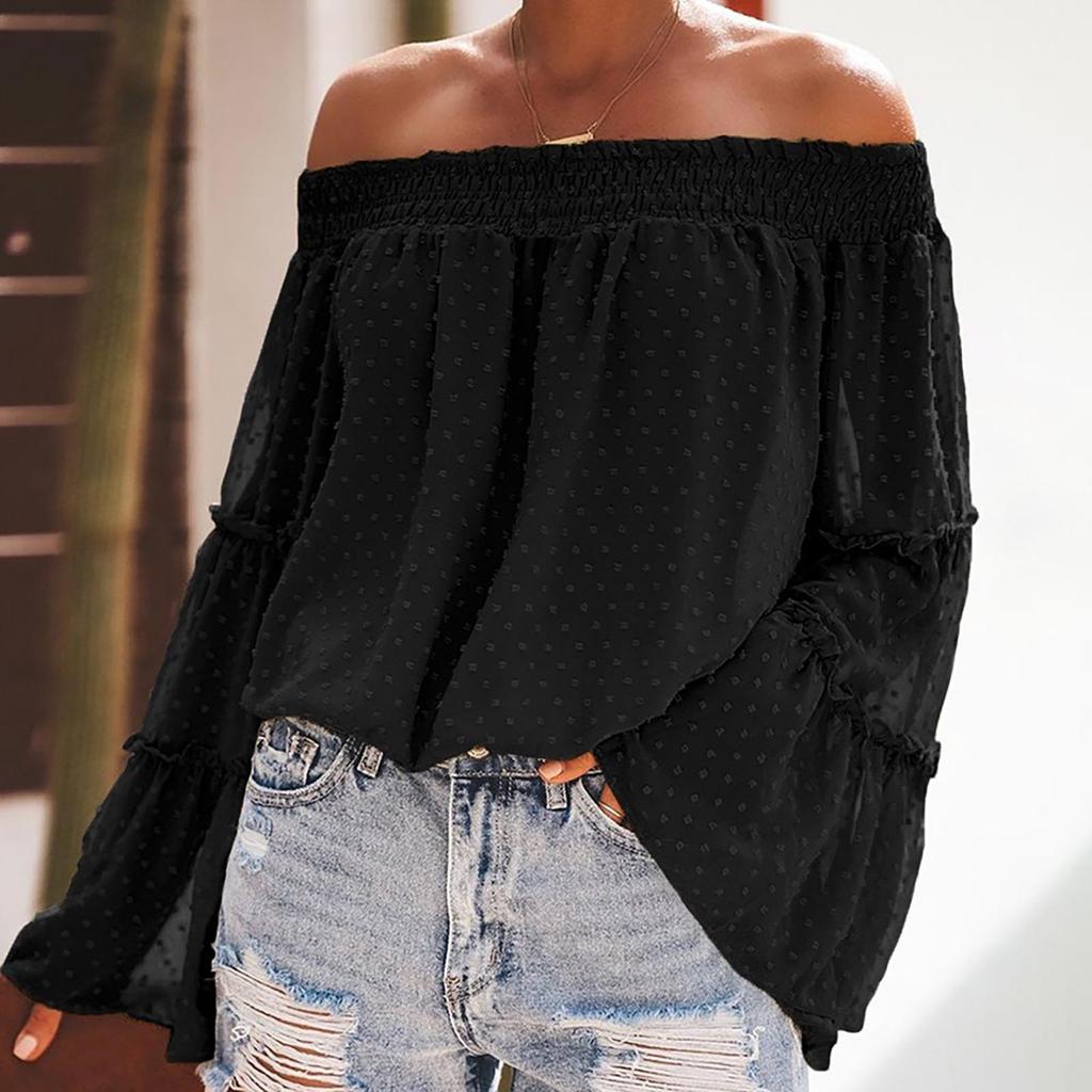 Fashion Flared Long-sleeved Chiffon Off-the-shoulder Neckline Hollow Loose Top