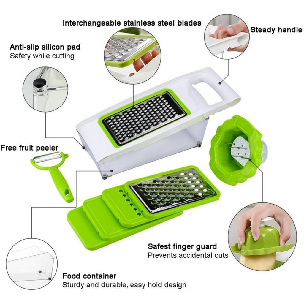 Vegetable Potato Cutter Chopper, Julienne Slices Fruits and Vegetables Chopper, Food Container, Safety Food Holder, 5 Interchangeable Sharp Blades
