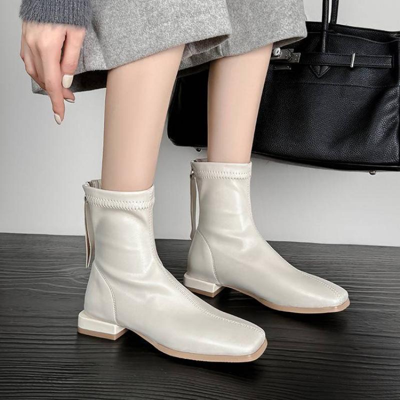 Autumn and Winter Square Head Women's Martin Boots New Solid Color Low Heel Large Size Rear Zipper Women's Boots Korean Version Soft-soled Medium Boot