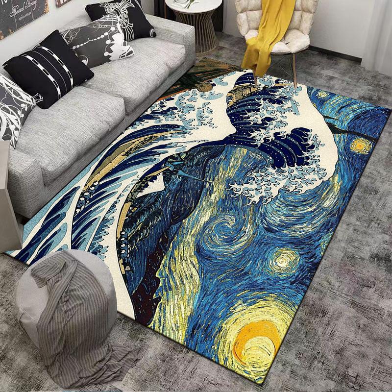 Artistic Rug with Waves and Starry Sky Design Suitable for use as an anti-slip game mat for living room and bedroom sofas
