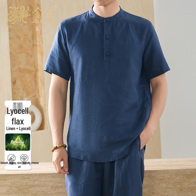 JINJU Men s Tencel Linen Short Sleeve Polo Shirt L