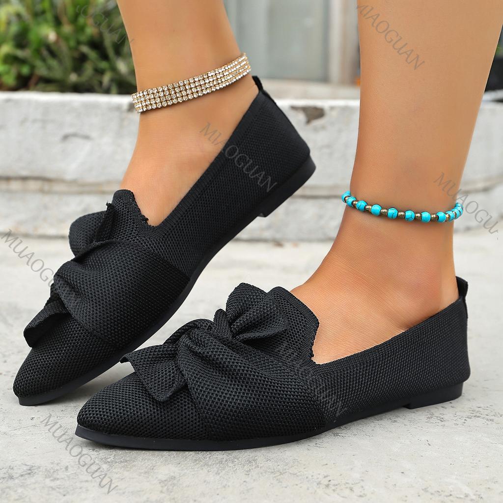 Fashion 2025 Spring and Autumn Pointed Head Flat Single Shoes 2025 New Large Size Knitted Slip Breathable Solid Color Shoes Casual Flats