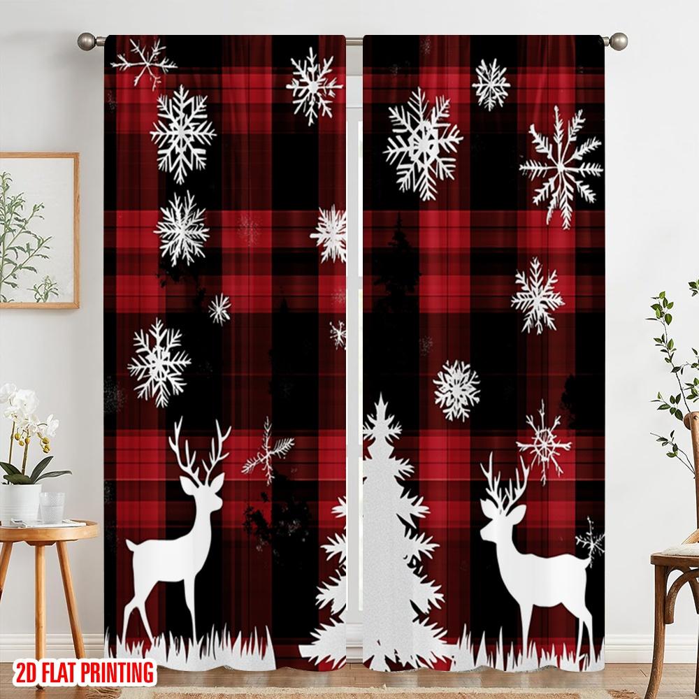 2pcs,2D plane printing Creative Curtains Buffalo Plaid Deer Snowflakes (4) Versatile Polyester (without rod) Festive Perfect for
