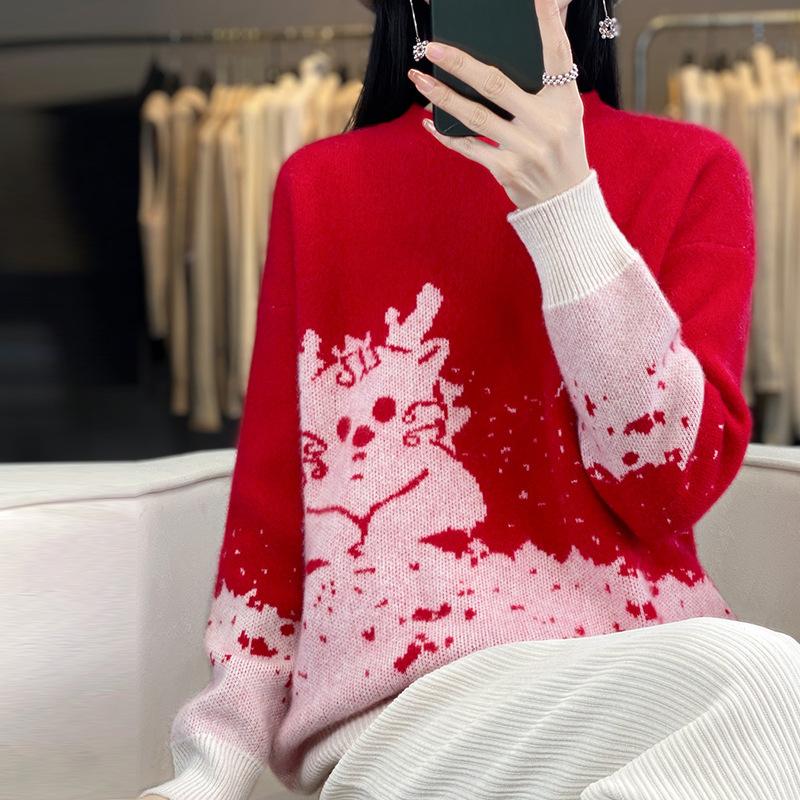 New Year Red Round Neck Sweater for Women In Autumn and Winter New Fashionable and Versatile Cashmere Knitted Sweater Base Shirt