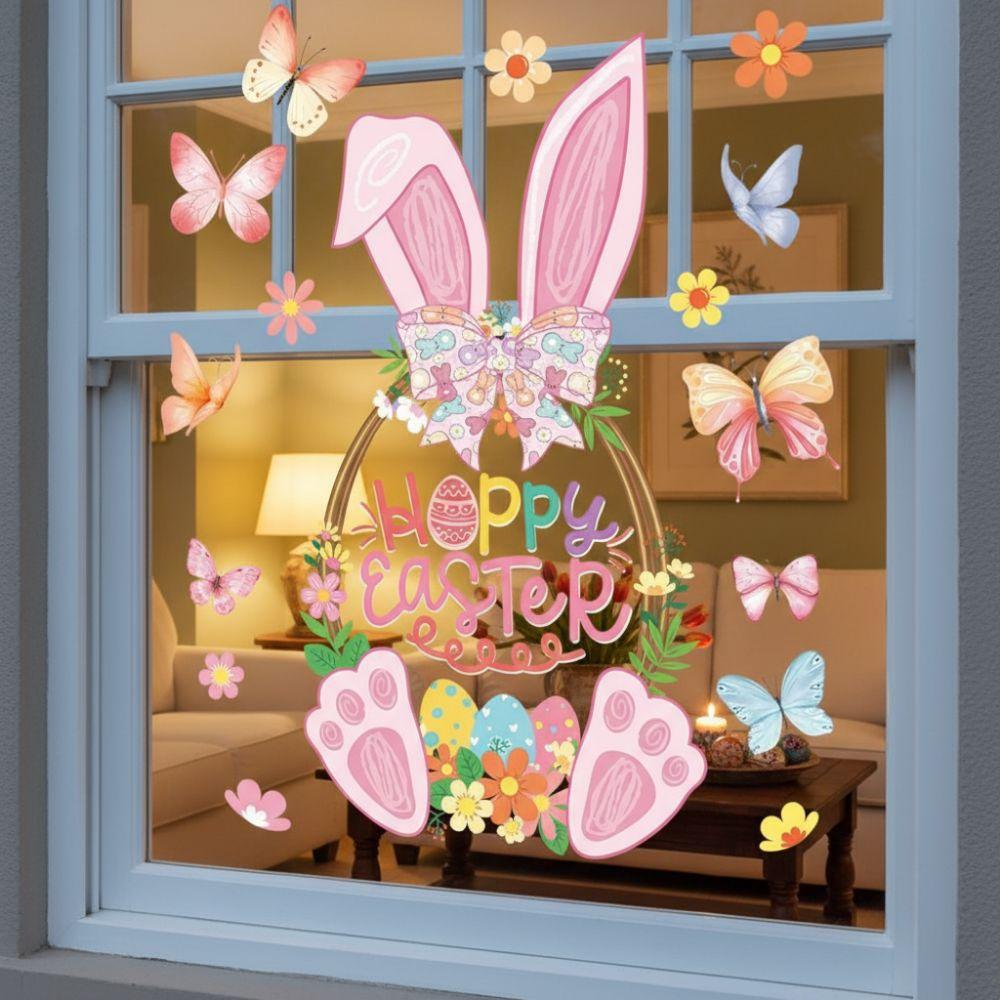 Pink Rabbit Basket Electrostatic Stickers Rabbit Bunny Wall Decal  Happy Easter Party