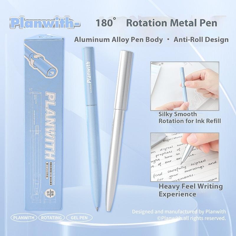 Planwith Rotating Metal Pen 0.5mm Aluminum Alloy Ballpoint Gel Pen 180° Anti-Roll Design Smooth Writing Office School Supplies