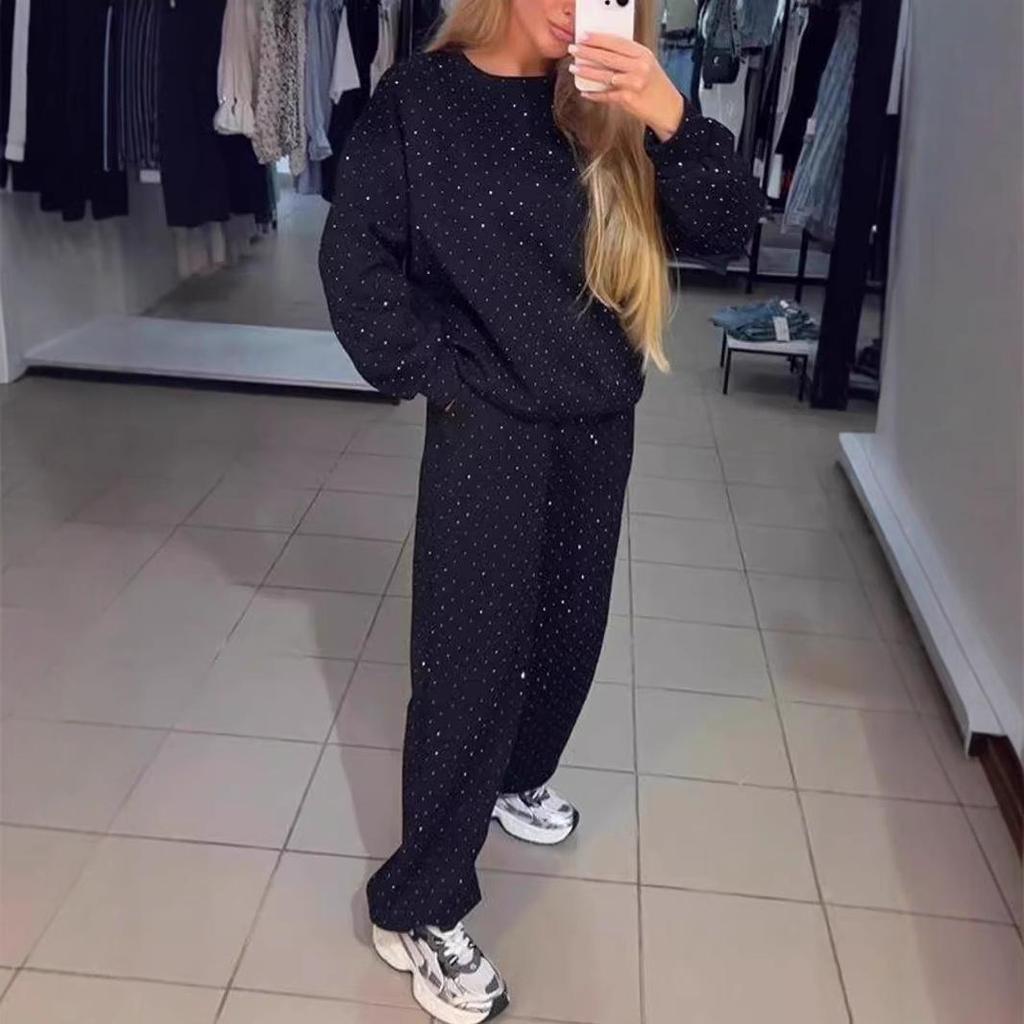 2024 Evropský a americký podzim/zima Dámský ležérní set s kulatým výstřihem, dlouhým rukávem, horkovrtanou šňůrkou a manžetami u kotníků