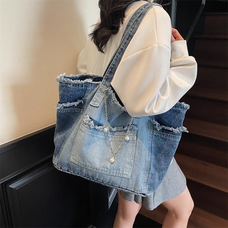 Niche Raw Edge Denim Tote Bag 2025, Women's Large Capacity Commute Shoulder Bag with Fashion Silk Scarf