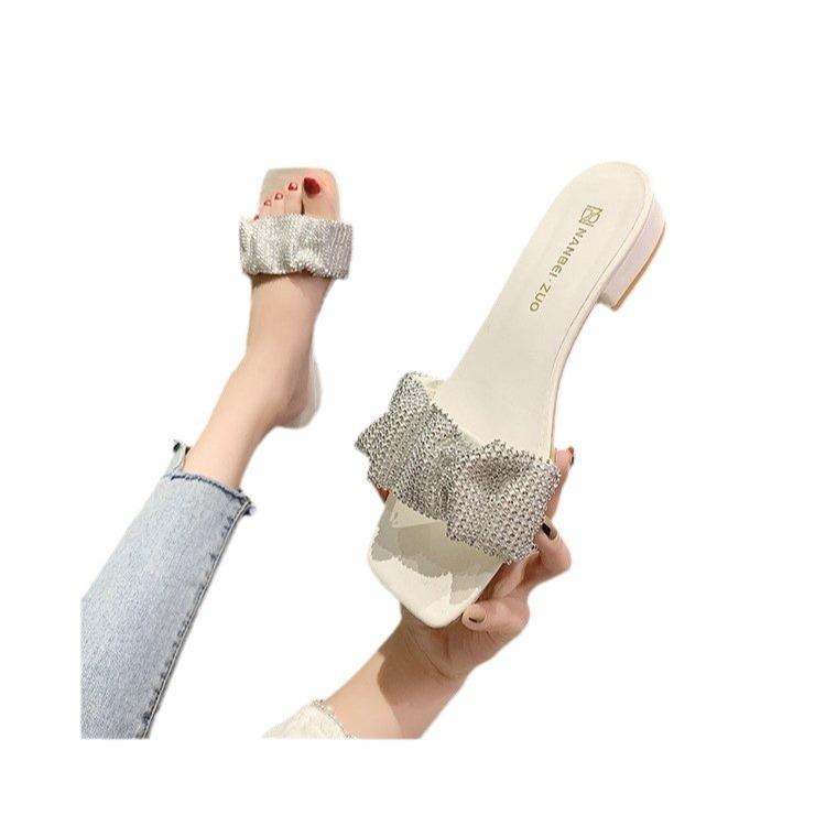 Rhinestone Cool Slippers for Women To Wear In the Summer of 2025, New Fashion Patches, One-word Drag, Open Toe, Middle Heel, Thick Heel for Women