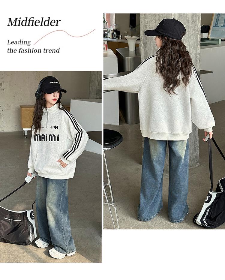 Trendy 2025 Girls' Autumn Sweatshirt & Jeans Set - Fashionable Two-Piece for Older Kids