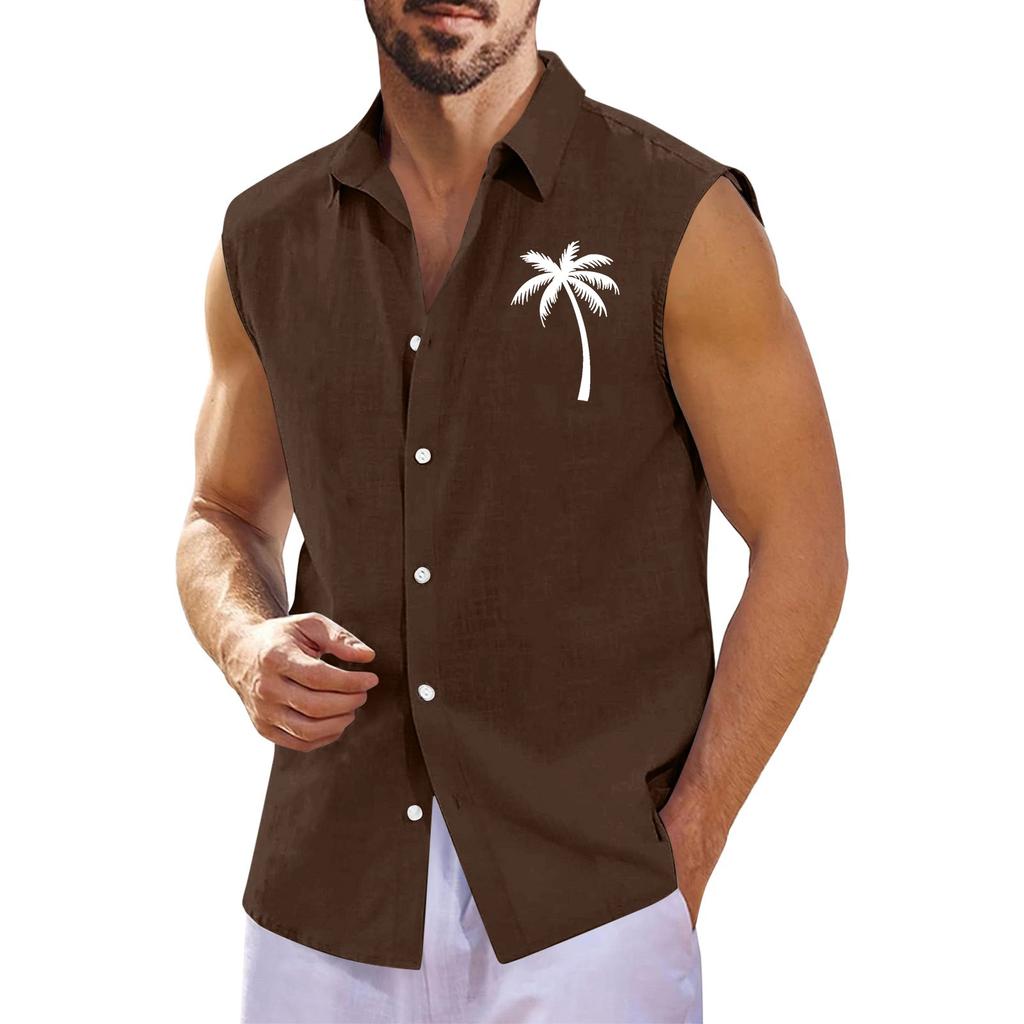 Men's Summer Hawaiian Print Sleeveless Shirt Men's Loose Lapel Sleeveless Button Shirt