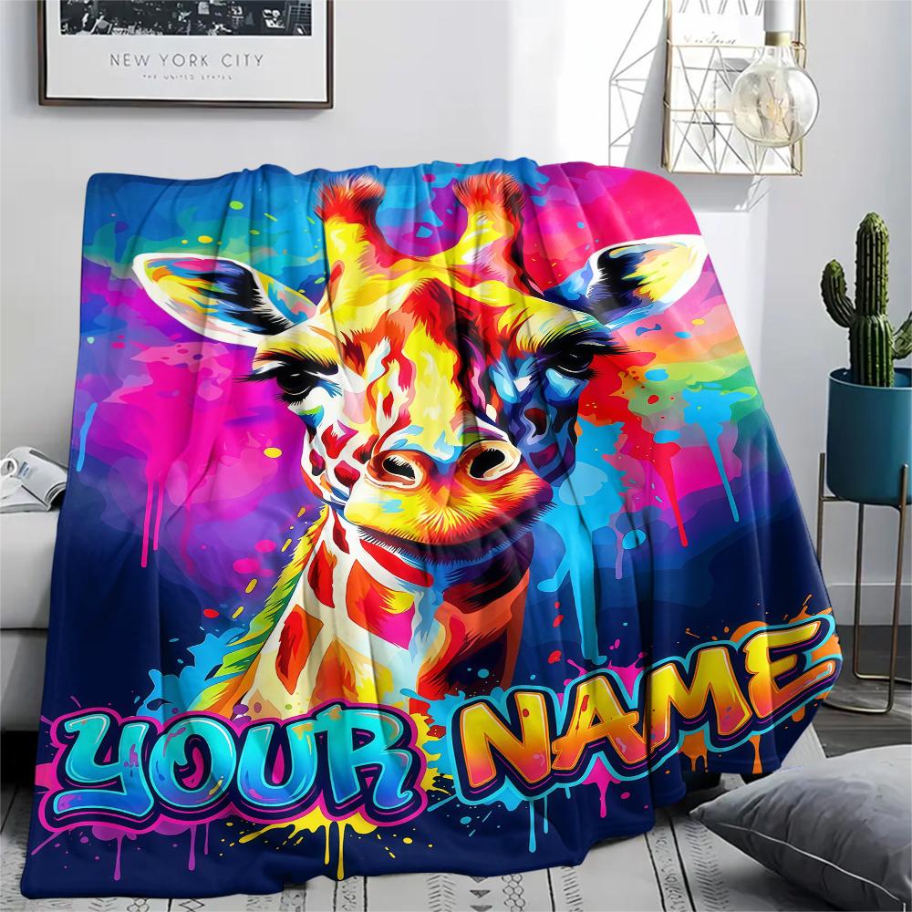 1PC Custom Name Giraffe Floral Name Art Patterned Flannel Blanket Suitable For All Seasons for Home Decor Warmth and Comfort Gifts Holiday Present_lx