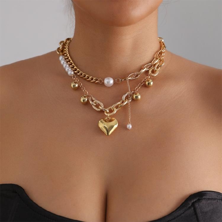 Modern Layer Chain Jewelry Featuring Prominent Heart Designs Adjustable Clasp Alloy Construction Pearls Accent